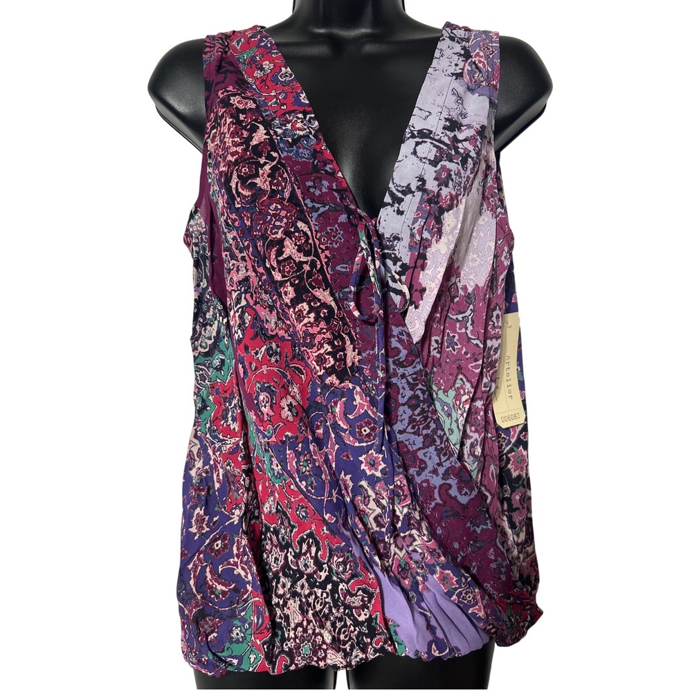 Artelier Nicole Miller Womens Sleeveless‎ V Neck Patchwork Print Blouse Top L